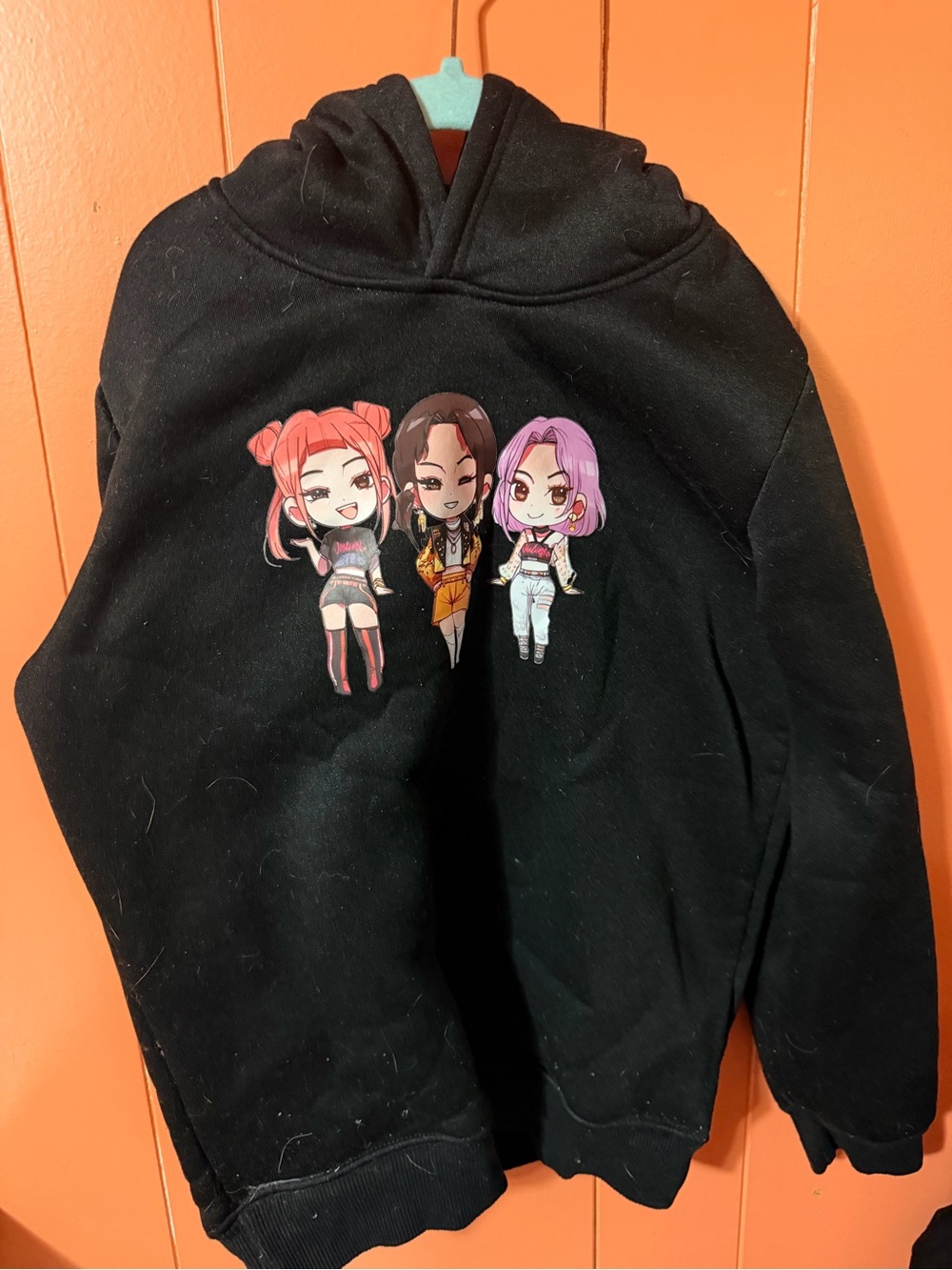 Kids Black Hoodie with Cartoon Trio Graphic